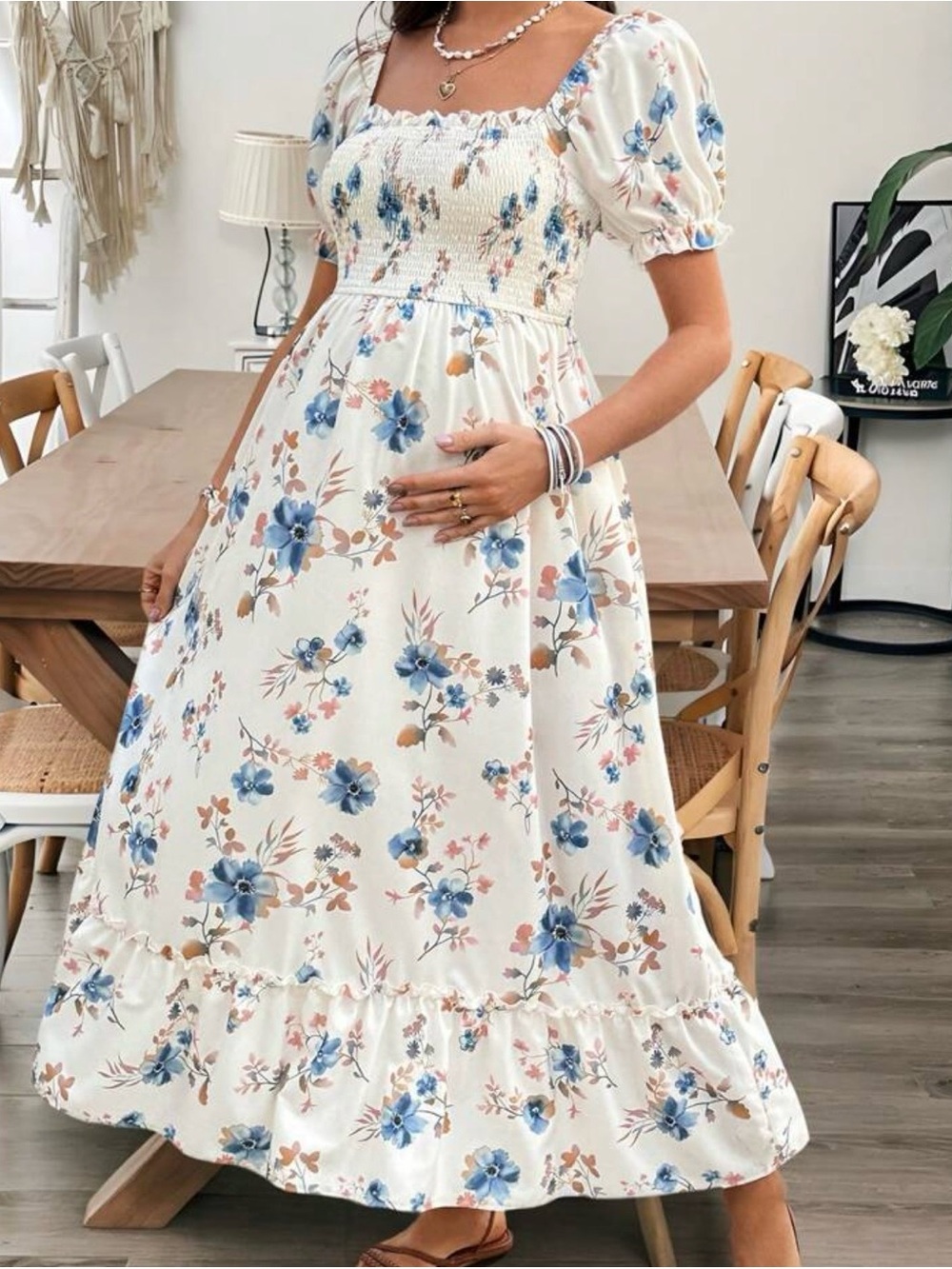 SHEIN Cream Floral Maxi Dress with Blue and Pink Flowers - Picture 3 of 4